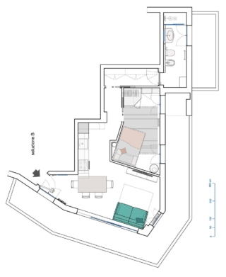 Il progetto crea un disimpegno che collega bagno e soggiorno Il progetto crea un disimpegno che collega bagno e soggiorno