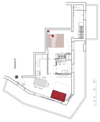 Il bagno cambia posizione (ammettendo che si possano spostare gli impianti), si guadagna una seconda doccia, la camera diventa matrimoniale da singola Il bagno cambia posizione (ammettendo che si possano spostare gli impianti), si guadagna una seconda doccia, la camera diventa matrimoniale da singola