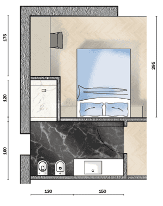 Planimetria del bagno con vasca e doccia rivestite effetto marmo. Planimetria del bagno con vasca e doccia rivestite effetto marmo.