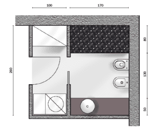 Planimetria del bagno con vasca e doccia rivestite in mosaico. Planimetria del bagno con vasca e doccia rivestite in mosaico.