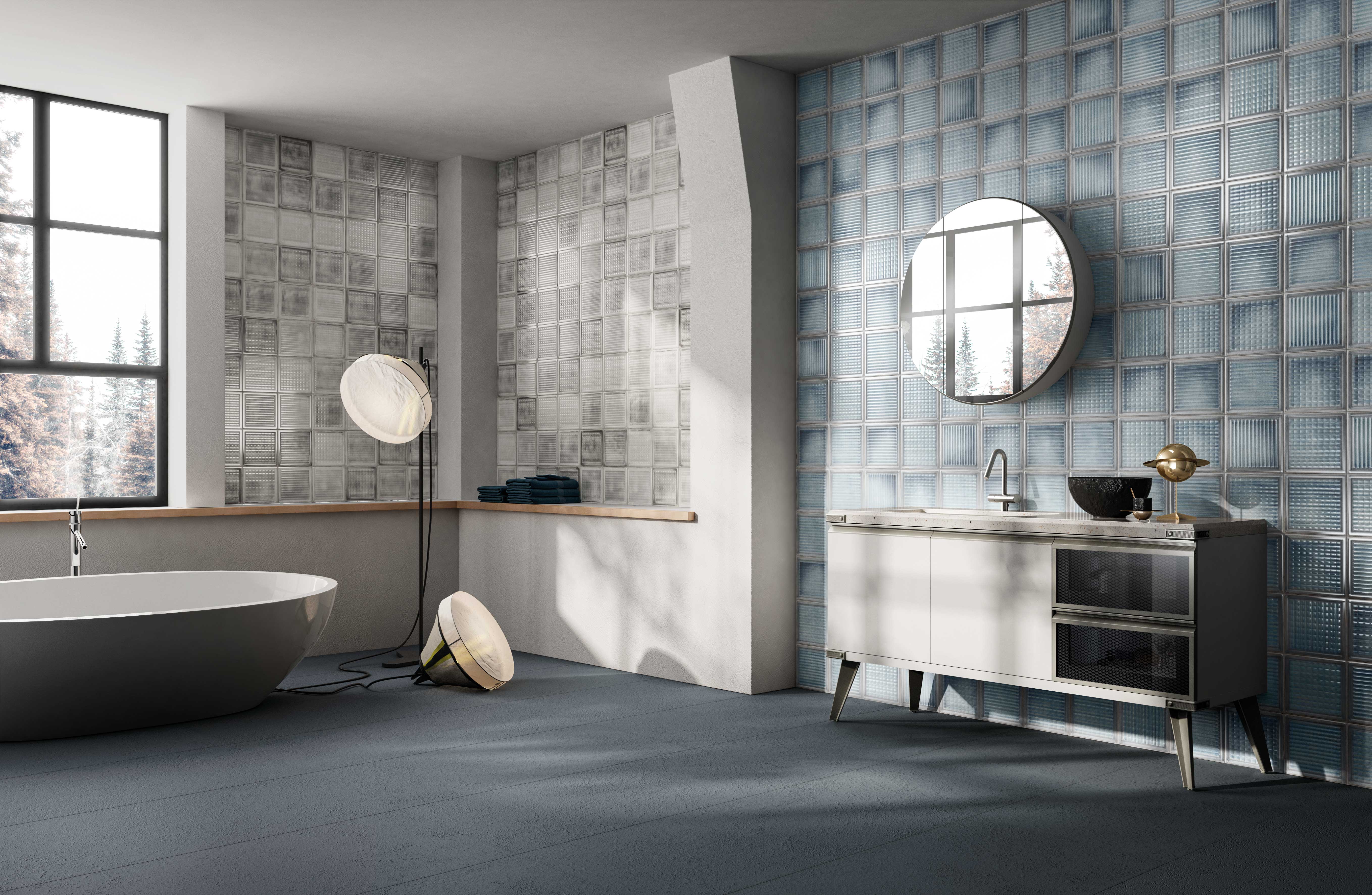 La collezione Glass Blocks di Diesel Living with Iris Ceramica ricorda i pattern d’altri tempi con grafiche di segno contemporaneo. La partnership tra il marchio di moda e di design e l’azienda di rivestimenti ceramici ha dato vita a piastrelle che si ispirano al vetrocemento, derivandone la luminosità e la trasparenza caratteristiche del materiale. Dalle suggestioni industriali tipiche delle fabbriche dismesse, la serie è disponibile in quattro colori – Glass Green, Glass Azure, Glass Dusty White, Glass Dusty Black – nel formato 20x20 cm, con finitura lucida. www.irisceramica.it/diesel-living