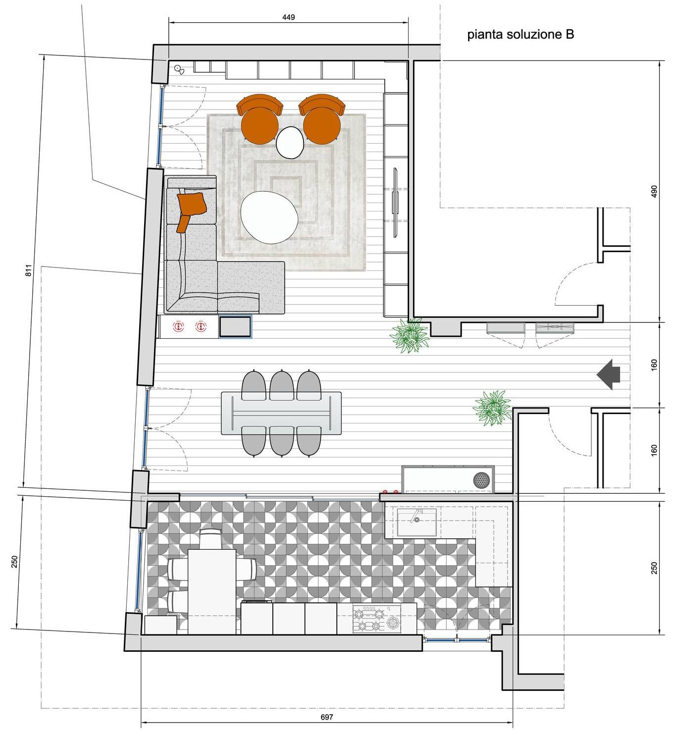 soggiorno cucina due soluzioni in pianta progetto B soggiorno cucina due soluzioni in pianta progetto B