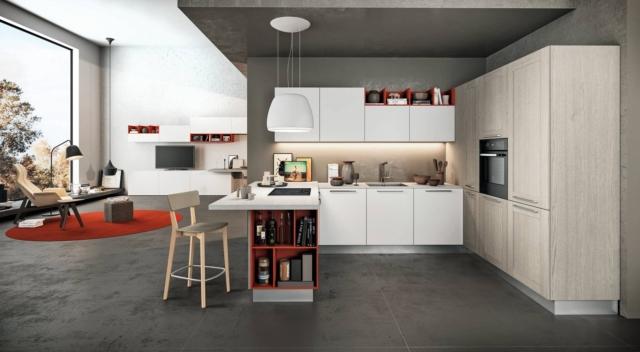cucina a vista con penisola cloe arredo3 ante laminato alaska rovere provenza alkorcell vani giorno laminato rosso top agglomerato veined michelangelo cucina a vista con penisola cloe arredo3 ante laminato alaska rovere provenza alkorcell vani giorno laminato rosso top agglomerato veined michelangelo