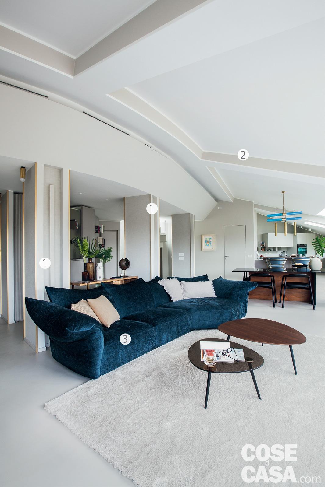 soggiorno, divano in velluto blu, tavolini, tappeto bianco, tetto a spiovente, travi a vista, pilastri, bocchette dell'impianto canalizzato, pavimento in resina soggiorno, divano in velluto blu, tavolini, tappeto bianco, tetto a spiovente, travi a vista, pilastri, bocchette dell'impianto canalizzato, pavimento in resina