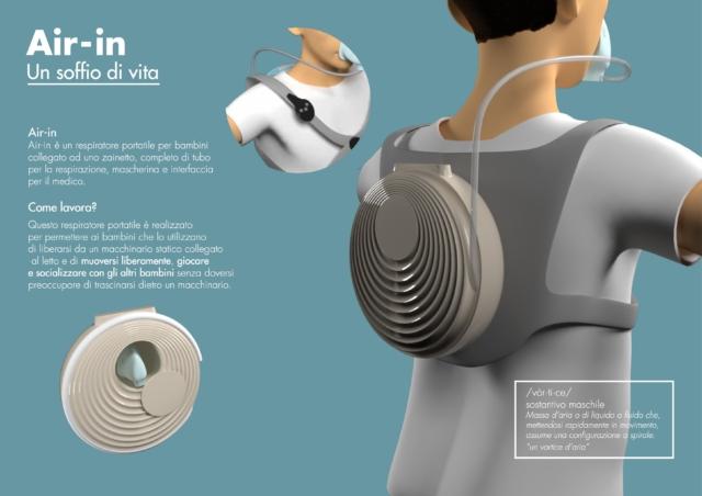 Air-in di Davide Marzin e Giorgia Zambon, respiratore portatile per bambini, progetto vincitore del concorso Il design aiuta a guarire 2020 promosso da ADI e AIRC Air-in di Davide Marzin e Giorgia Zambon, respiratore portatile per bambini, progetto vincitore del concorso Il design aiuta a guarire 2020 promosso da ADI e AIRC