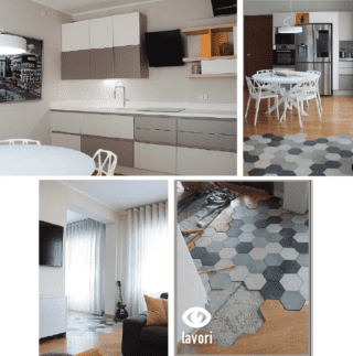 Un inserto di piastrelle tampona il vuoto a terra lasciato dalla parete demolita