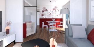 soggiorno progetto 3D con pannello in vetro che scherma la culla soggiorno progetto 3D con pannello in vetro che scherma la culla