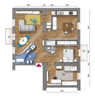 La pianta della appartamento; in blu, la zona del bagno. La vasca è posizionata sotto la finestra La pianta della appartamento; in blu, la zona del bagno. La vasca è posizionata sotto la finestra
