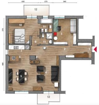 La nuova organizzazione in pianta dell'appartamento; in alto, nel centro, i due bagni adiacenti La nuova organizzazione in pianta dell'appartamento; in alto, nel centro, i due bagni adiacenti