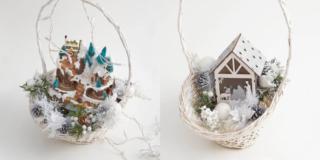 Decorazioni: villaggio di Natale e presepe nella cesta