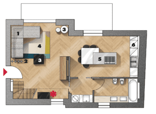 L'accesso all'appartamento è direttamente nel soggiorno, dove, a sinistra della porta, rivolto verso la quinta con la tv è previsto un divano angolare (1). Per filtrarne la presenza, senza inserire una divisione fissa che toglierebbe la visuale nella stanza, sul lato esterno sono state collocate delle originali lampade colorate terra-soffitto (2) che disegnano una sorta di corridoio. A definire la zona conversazione, completata da tavolini di diversa forma (3), c'è un ampio tappeto (4).
La cucina è un locale ampio e bene illuminato dove si è scelto di concentrare la zona cottura e il pranzo in un'isola centrale (5), decentrando l'area lavaggio, lo spazio per contenere e gli elettrodomestici su una composizione in linea a tutta parete (6). Nel disimpegno fra bagno e cucina viene attrezzata la zona lavanderia, chiusa in una armadiatura in nicchia.*Il sottoscala è lo spazio ideale per una console allungabile, dalla doppia funzione di piano d'appoggio e tavolo L'accesso all'appartamento è direttamente nel soggiorno, dove, a sinistra della porta, rivolto verso la quinta con la tv è previsto un divano angolare (1). Per filtrarne la presenza, senza inserire una divisione fissa che toglierebbe la visuale nella stanza, sul lato esterno sono state collocate delle originali lampade colorate terra-soffitto (2) che disegnano una sorta di corridoio. A definire la zona conversazione, completata da tavolini di diversa forma (3), c'è un ampio tappeto (4).
La cucina è un locale ampio e bene illuminato dove si è scelto di concentrare la zona cottura e il pranzo in un'isola centrale (5), decentrando l'area lavaggio, lo spazio per contenere e gli elettrodomestici su una composizione in linea a tutta parete (6). Nel disimpegno fra bagno e cucina viene attrezzata la zona lavanderia, chiusa in una armadiatura in nicchia.*Il sottoscala è lo spazio ideale per una console allungabile, dalla doppia funzione di piano d'appoggio e tavolo