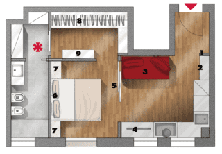 1Di fronte alla porta d'ingresso la spalletta in cartongesso che definisce una piccola area d'accoglienza e delimita la zona giorno è larga 45 cm. Serve anche a chiudere la composizione della cucina che, su questo lato, termina con un tavolo allungabile utilizzabile anche come scrivania 2. Da affiancare, un set di sedie pieghevoli che, quando non servono, si possono appendere al muro. L'angolo conversazione, invece, è risolto con un divano letto 3 opportunamente sistemato di fronte a un mobile basso porta tv 4, di fianco alla cucina. L'imbottito, posizionato vicino alla nuova parete scorrevole 5, si rapporta con il divano integrato nel modulo multifunzione scelto per la zona notte 6. Questa soluzione, che nasconde un letto a ribalta apribile con pochi gesti, consente di raddoppiare le sedute nell'angolo conversazione durante il giorno e al tempo stesso di disporre di un letto matrimoniale. Ai lati della struttura, per completare la parete sono previsti due elementi a colonna a giorno e chiusi da ante 7. Da quest'area, attraverso un corridoio con la cabina armadio 8 e la cassettiera 9, si raggiunge il bagno preceduto da un antibagno attrezzato come prezioso ripostiglio.  1Di fronte alla porta d'ingresso la spalletta in cartongesso che definisce una piccola area d'accoglienza e delimita la zona giorno è larga 45 cm. Serve anche a chiudere la composizione della cucina che, su questo lato, termina con un tavolo allungabile utilizzabile anche come scrivania 2. Da affiancare, un set di sedie pieghevoli che, quando non servono, si possono appendere al muro. L'angolo conversazione, invece, è risolto con un divano letto 3 opportunamente sistemato di fronte a un mobile basso porta tv 4, di fianco alla cucina. L'imbottito, posizionato vicino alla nuova parete scorrevole 5, si rapporta con il divano integrato nel modulo multifunzione scelto per la zona notte 6. Questa soluzione, che nasconde un letto a ribalta apribile con pochi gesti, consente di raddoppiare le sedute nell'angolo conversazione durante il giorno e al tempo stesso di disporre di un letto matrimoniale. Ai lati della struttura, per completare la parete sono previsti due elementi a colonna a giorno e chiusi da ante 7. Da quest'area, attraverso un corridoio con la cabina armadio 8 e la cassettiera 9, si raggiunge il bagno preceduto da un antibagno attrezzato come prezioso ripostiglio.