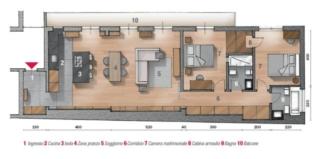 Doppio rivestimento per questa cucina; parte del pavimento – rivolto verso la zona giorno – è in legno; l'altra in gres grigio finitura cemento. Doppio rivestimento per questa cucina; parte del pavimento – rivolto verso la zona giorno – è in legno; l'altra in gres grigio finitura cemento.