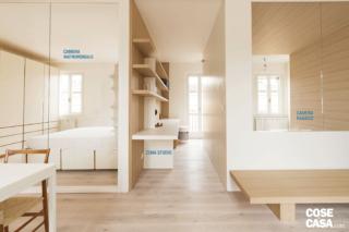 Camera matrimoniale
Tra la camera matrimoniale e la cucina, una vetrata trasparente a tutt'altezza sostituisce la parete divisoria. La stanza è illuminata da una finestra e da una portafinestra.
Zona Studio
Il passaggio tra le due camere da letto, largo circa 180 cm e illuminato da una portafinestra affacciata sul balcone, è stato sfruttato per inserire la postazione studio.
Camera ragazzi
Il "box" della camera singola ha un affaccio vetrato sulla zona dell'ingresso. La quota del pavimento è stata rialzata di circa 40 cm con un gradone a cassettoni. Camera matrimoniale
Tra la camera matrimoniale e la cucina, una vetrata trasparente a tutt'altezza sostituisce la parete divisoria. La stanza è illuminata da una finestra e da una portafinestra.
Zona Studio
Il passaggio tra le due camere da letto, largo circa 180 cm e illuminato da una portafinestra affacciata sul balcone, è stato sfruttato per inserire la postazione studio.
Camera ragazzi
Il "box" della camera singola ha un affaccio vetrato sulla zona dell'ingresso. La quota del pavimento è stata rialzata di circa 40 cm con un gradone a cassettoni.