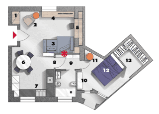 Nel living ora, a sinistra dell'ingresso è previsto un piccolo guardaroba in nicchia, (1) davanti al quale una poltroncina e un tavolino (2) disegnano un angolo lettura. È un corner da vivere come spazio a sé, ma anche come parte integrante della zona conversazione arredata con un ampio divano (3) posto di fronte a un mobile basso porta tv (4). Sul lato ortogonale la nicchia esistente è attrezzata con delle mensole e con un piano aggettante che funge da scrittoio. Si ritaglia così anche una zona studio (5). A destra della porta, invece, un tavolo rotondo (6) media il passaggio verso la cucina organizzata a "U" intorno alla finestra (7) e verso la camera: separata da una porta (8) e da un disimpegno (9) dove affaccia il bagno, è risolta con pochi pezzi strategici quali una cassettiera (10), un pouf (11), e un letto addossato a una nicchia-testata-comodino (12). Alle spalle, nell'ex tinello, c'è la cabina (13).* Della parete che definiva il soggiorno rimane solo una porzione, traslata per dar spazio al divano e attrezzata sul lato opposto Nel living ora, a sinistra dell'ingresso è previsto un piccolo guardaroba in nicchia, (1) davanti al quale una poltroncina e un tavolino (2) disegnano un angolo lettura. È un corner da vivere come spazio a sé, ma anche come parte integrante della zona conversazione arredata con un ampio divano (3) posto di fronte a un mobile basso porta tv (4). Sul lato ortogonale la nicchia esistente è attrezzata con delle mensole e con un piano aggettante che funge da scrittoio. Si ritaglia così anche una zona studio (5). A destra della porta, invece, un tavolo rotondo (6) media il passaggio verso la cucina organizzata a "U" intorno alla finestra (7) e verso la camera: separata da una porta (8) e da un disimpegno (9) dove affaccia il bagno, è risolta con pochi pezzi strategici quali una cassettiera (10), un pouf (11), e un letto addossato a una nicchia-testata-comodino (12). Alle spalle, nell'ex tinello, c'è la cabina (13).* Della parete che definiva il soggiorno rimane solo una porzione, traslata per dar spazio al divano e attrezzata sul lato opposto