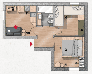 All'ingresso dell'appartamento un disimpegno ampio distribuisce le diverse stanze a partire da quella matrimoniale. Qui è protagonista il letto che ha la base formata da una pedana in legno con cassettoni laterali 1, realizzata su disegno. La struttura ospita una rete su cui è adagiato un materasso futon 2. Di fianco al letto, il guardaroba è formato da un modulo a cremagliera 3 (di quelli utilizzati per attrezzare le cabine armadio) fissato a parete e chiuso da una tenda oscurante 4: con questo sistema si recuperano centimetri utili e si riesce a sfruttare lo spazio ai lati della finestra. La seconda camera, adiacente, è arredata con un armadio 5 e due letti tessili a dormeuse, dotati di piano di riposo a ribalta che chiude un vano capace 6 . Sono disposti ad angolo a formare una sorta di zona conversazione: così si può vivere la stanza anche come living. Infine, la cucina è risolta con una composizione a elle 7 che integra il frigorifero e la lavastoviglie. Come tavolo 8 si è optato per un modello trasformabile che, chiuso, serve anche come base d'appoggio per la tv. Di fronte a questo, infatti, è sistemato un divano 9 affiancato da una coppia di tavolini 10. L'intero arredamento è giocato su tinte neutre, accese da tocchi di colore, uno diverso per ogni stanza: rosso, verde e blu proposti con la stessa intensità di tono. All'ingresso dell'appartamento un disimpegno ampio distribuisce le diverse stanze a partire da quella matrimoniale. Qui è protagonista il letto che ha la base formata da una pedana in legno con cassettoni laterali 1, realizzata su disegno. La struttura ospita una rete su cui è adagiato un materasso futon 2. Di fianco al letto, il guardaroba è formato da un modulo a cremagliera 3 (di quelli utilizzati per attrezzare le cabine armadio) fissato a parete e chiuso da una tenda oscurante 4: con questo sistema si recuperano centimetri utili e si riesce a sfruttare lo spazio ai lati della finestra. La seconda camera, adiacente, è arredata con un armadio 5 e due letti tessili a dormeuse, dotati di piano di riposo a ribalta che chiude un vano capace 6 . Sono disposti ad angolo a formare una sorta di zona conversazione: così si può vivere la stanza anche come living. Infine, la cucina è risolta con una composizione a elle 7 che integra il frigorifero e la lavastoviglie. Come tavolo 8 si è optato per un modello trasformabile che, chiuso, serve anche come base d'appoggio per la tv. Di fronte a questo, infatti, è sistemato un divano 9 affiancato da una coppia di tavolini 10. L'intero arredamento è giocato su tinte neutre, accese da tocchi di colore, uno diverso per ogni stanza: rosso, verde e blu proposti con la stessa intensità di tono.