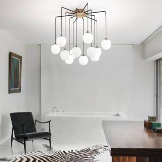 lampadario sospensione scenografico rhapsody ideal lux 12 sfere vetro soffiato bianco acidato sottili bracci metallo nero lampadario sospensione scenografico rhapsody ideal lux 12 sfere vetro soffiato bianco acidato sottili bracci metallo nero