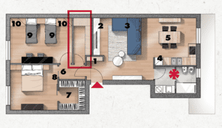 Nella nuova pianta, di fronte all'ingresso è prevista una nicchia (1) con una triplice funzione: offrire un vano per il guardaroba, schermare in parte il soggiorno, contenere la parete attrezzata (2).  Sulla destra si sviluppa la zona giorno con un divano angolare (3) che guarda il mobile del salotto con portatv e, al tempo stesso, separa la cucina (4). Quest'ultima è risolta con una soluzione a elle che lascia spazio al centro per il tavolo da pranzo (5) all'occorrenza allungabile. Nella zona notte, disimpegnata da un mini corridoio (6), le due camere sono così concepite: in quella matrimoniale viene realizzata la cabina armadio (7) in cartongesso, attrezzata su tre lati e chiusa da ante scorrevoli (8); nella seconda camera trovano posto due letti singoli (9) con rispettivi armadi (10) e una scrivania per due (11). Nella nuova pianta, di fronte all'ingresso è prevista una nicchia (1) con una triplice funzione: offrire un vano per il guardaroba, schermare in parte il soggiorno, contenere la parete attrezzata (2).  Sulla destra si sviluppa la zona giorno con un divano angolare (3) che guarda il mobile del salotto con portatv e, al tempo stesso, separa la cucina (4). Quest'ultima è risolta con una soluzione a elle che lascia spazio al centro per il tavolo da pranzo (5) all'occorrenza allungabile. Nella zona notte, disimpegnata da un mini corridoio (6), le due camere sono così concepite: in quella matrimoniale viene realizzata la cabina armadio (7) in cartongesso, attrezzata su tre lati e chiusa da ante scorrevoli (8); nella seconda camera trovano posto due letti singoli (9) con rispettivi armadi (10) e una scrivania per due (11).