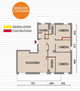 Demolizioni e costruzioni planimetria trilocale con tre camere e due bagni con zona giorno open space Demolizioni e costruzioni planimetria trilocale con tre camere e due bagni con zona giorno open space