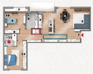 Eliminata la parete che divideva l'ingresso dal soggiorno, viene creata un'armadiatura a sinistra della porta (1). Sulla destra si sviluppa il living suddiviso in tre zone: salotto pranzo e cucina. La prima è arredata con un divano angolare (2) che guarda un mobile con la tv; di fianco c'è la zona pranzo dove trova posto un tavolo allungabile (3), posizionato in linea con l'ampia finestra da cui prende luce. Segue un modulo a isola (4) attrezzato con lavello, lavastoviglie e piano cottura e utile come bancone snack. Alla sua sinistra, un sistema di colonne (5) in nicchia ospita il frigocongelatore, il forno e una serie di contenitori. Passando alla zona notte, attraverso un corridoio sottolineato da un controsoffitto con una serie di faretti, si incontra il bagno esistente attrezzato con una doccia walk in (6); poi c'è la camera adiacente che, arredata con una lunga mensola-scrivania (7), un armadio in nicchia (8) e un letto (9), può ospitare un secondo letto in quota (10). Infine, la stanza matrimoniale guadagna il bagno (11) a uso esclusivo e accoglie un'armadiatura che integra una zona studio (12).