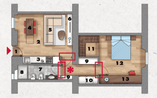 La nuova pianta razionalizza gli spazi e permette di ottenere zone funzionali ben distinte. A destra dell'ingresso (1), direttamente nel living (2), si trova ora la zona cottura (3) risolta con una composizione in linea chiusa fra due pareti e incorniciata da un controsoffitto. Di fronte a questa e davanti alla finestra, il progetto prevede un tavolo trasformabile (4) capace di ospitare fino a otto persone. A destra del tavolo, un ampio divano angolare (5) definisce la zona conversazione rivolta verso un mobile basso-credenza-portatv (6). Adiacente la cucina, il nuovo bagno (7) di forma lunga e stretta è attrezzato con lavabo e i sanitari sullo stesso lato e con una doccia di dimensioni generose (8) in prossimità della finestra. Nella zona notte, attraverso il disimpegno arredato con armadiature (9) e zona lavanderia (10), si raggiunge la camera da letto (12), dove oltre alla cabina (11), è stato ritagliato anche un angolo studio organizzato con un piano scrittoio a tutta parete (13). La nuova pianta razionalizza gli spazi e permette di ottenere zone funzionali ben distinte. A destra dell'ingresso (1), direttamente nel living (2), si trova ora la zona cottura (3) risolta con una composizione in linea chiusa fra due pareti e incorniciata da un controsoffitto. Di fronte a questa e davanti alla finestra, il progetto prevede un tavolo trasformabile (4) capace di ospitare fino a otto persone. A destra del tavolo, un ampio divano angolare (5) definisce la zona conversazione rivolta verso un mobile basso-credenza-portatv (6). Adiacente la cucina, il nuovo bagno (7) di forma lunga e stretta è attrezzato con lavabo e i sanitari sullo stesso lato e con una doccia di dimensioni generose (8) in prossimità della finestra. Nella zona notte, attraverso il disimpegno arredato con armadiature (9) e zona lavanderia (10), si raggiunge la camera da letto (12), dove oltre alla cabina (11), è stato ritagliato anche un angolo studio organizzato con un piano scrittoio a tutta parete (13).