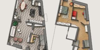Progetto casa: planimetria + viste 3D della zona giorno. Con i consigli di interior e gli abbinamenti giusti