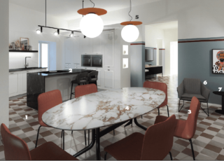 Il filo conduttore del progetto è il pavimento damier che riveste l'intero piano della zona giorno. È composto da pastine multicolor, qui di Marti Pavimenti (www.martipavimenti.com) (1), che definiscono la palette cromatica degli interni. In cucina scaldano per contrasto la composizione in legno bianco e effetto marmo nero, Nina di Mobilturi (www.mobilturi.it) (2), che rivisita in chiave contemporanea i modelli più tradizionali. I richiami di colore servono a dare equilibrio: ci pensano le sedie Brianza di Arflex (www.arflex.it) (3) che circondano il tavolo Swing di Vibieffe (www.vibieffe.com) (4), con piano in marmo e base in metallo: di forma ovale, asseconda al meglio lo spazio davanti alla finestra da cui prende luce. In nuance anche le sospensioni Manz di Kave Home (www.kavehome.com) (5). Per l'angolo caffè, poltroncine New York Chair di Saba Italia (sabaitalia.it) (6) e tavolino Hug di MemeDesign (www.memedesign.it) (7). In soggiorno, la distribuzione è tradizionale: il divano, Clip di Ditre Italia (www.ditreitalia.com)