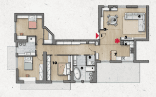 Con il nuovo layout, l'ingresso all'abitazione è direttamente nel living (1). A schermarlo dalla zona pranzo, prevista alla sua sinistra, c'è una quinta scenografica (2) ma al tempo stesso funzionale, formata da una spalletta in muratura su cui si innesta un pannello in listelli di legno che lasciano filtrare la luce. Questa composizione fa da supporto a un sistema di basi sospese utile come contenitore e come punto d'appoggio. Di fianco alla zona pranzo (3) c'è il salotto (4): è disposto a elle e orientato verso la parete che chiude la cucina sul lato opposto e ospita in nicchia il mobile portatv (5). Al di là del muro, un sistema di moduli a colonna (6) a tutta parete è attrezzato con frigorifero, forno e microonde, oltre a un office per contenere. Il resto della composizione si unisce a formare una U e si sviluppa con un sistema di basi che occupa anche lo spazio sotto la finestra e termina con il bancone snack (7). Da qui, attraverso una porta che si apre sul lungo corridoio, si raggiunge la zona notte: il blocco centrale della casa prevede un nuovo bagno (8) dalla cui ampiezza viene ritagliata una comoda lavanderia (9). La camera matrimoniale (10)
ora è vicina alle altre stanze da letto.