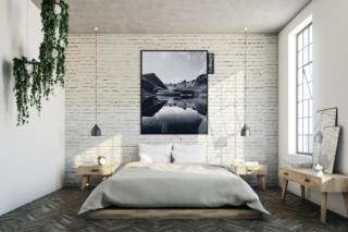 Camera da letto con un pannello in tessuto thebreath Camera da letto con un pannello in tessuto thebreath