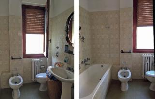 i lavori eseguiti da uno a due bagni
L'ambiente di servizio esistente - di circa 5 mq - presentava una disposizione poco funzionale degli elementi:  i due sanitari erano ortogonali uno rispetto all'altro nel sottofinestra,  il lavabo a colonna occupava molto spazio, c'era la vasca ma non il box doccia. Ora la parete divisoria tra i due nuovi bagni
è stata sfruttata per installare, sia da una parte sia dall'altra,
i sanitari uno accanto all'altro
con impianti alloggiati nella
stessa muratura. In uno
degli ambienti lo spazio
del sottofinestra, liberato
dal radiatore, adesso
è utilizzato per la vasca. i lavori eseguiti da uno a due bagni
L'ambiente di servizio esistente - di circa 5 mq - presentava una disposizione poco funzionale degli elementi:  i due sanitari erano ortogonali uno rispetto all'altro nel sottofinestra,  il lavabo a colonna occupava molto spazio, c'era la vasca ma non il box doccia. Ora la parete divisoria tra i due nuovi bagni
è stata sfruttata per installare, sia da una parte sia dall'altra,
i sanitari uno accanto all'altro
con impianti alloggiati nella
stessa muratura. In uno
degli ambienti lo spazio
del sottofinestra, liberato
dal radiatore, adesso
è utilizzato per la vasca.