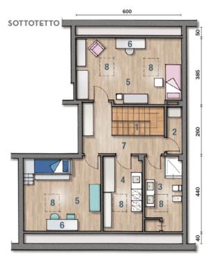 1 Scala  2 Ripostiglio
3 Bagno  4 Lavanderia 5 Camera  6 Zona studio  7 Corridoio
8 Lucernario