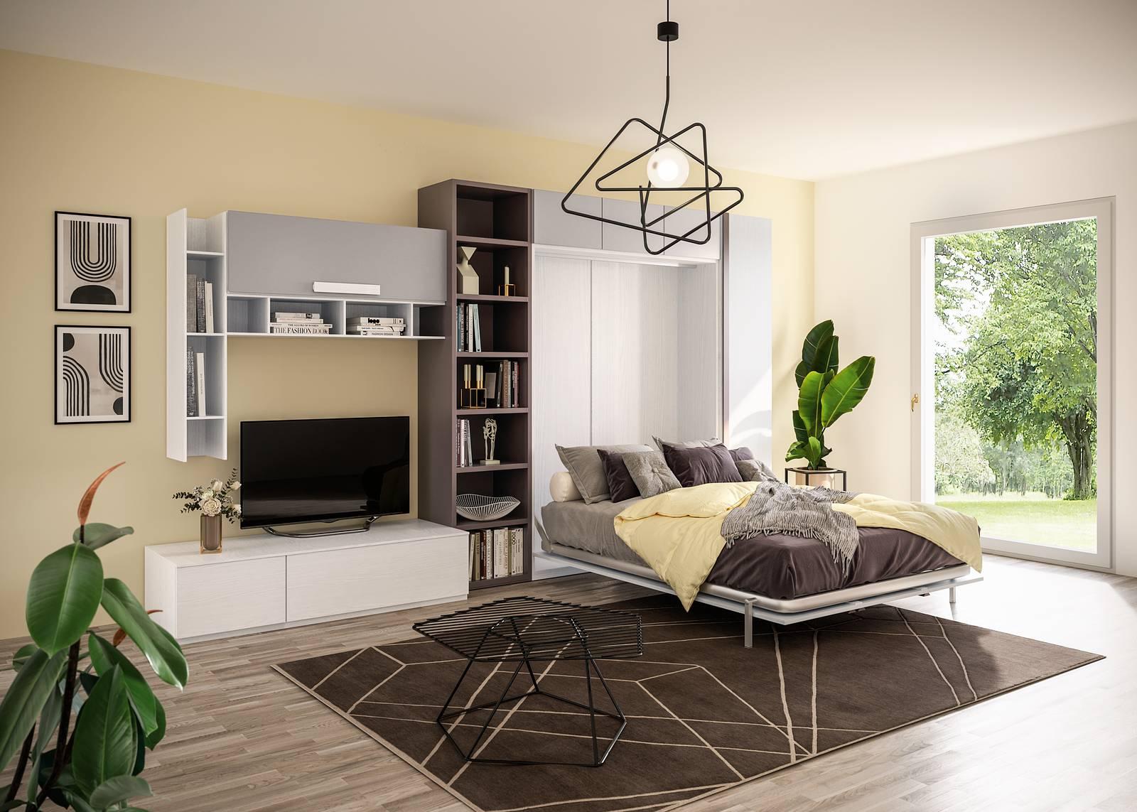 La composizione con letto bilanciato CM321 di Giessegi permette di avere sempre a disposizione un comodo letto matrimoniale con un semplice movimento; quando non serve scompare magicamente all’interno dell’armadio. Struttura e fronti nelle finiture nobilitate Bianco, Nuvola Frassino, Cenere Wood, Rovere Nodato e Calce oppure nei colori laccati di serie. La composizione misura L 400 x P 42 x H 227,2 cm. Il letto bilanciato chiuso misura L 150 x P 42 x H 195,2 cm. Prezzo su richiesta. www.giessegi.it