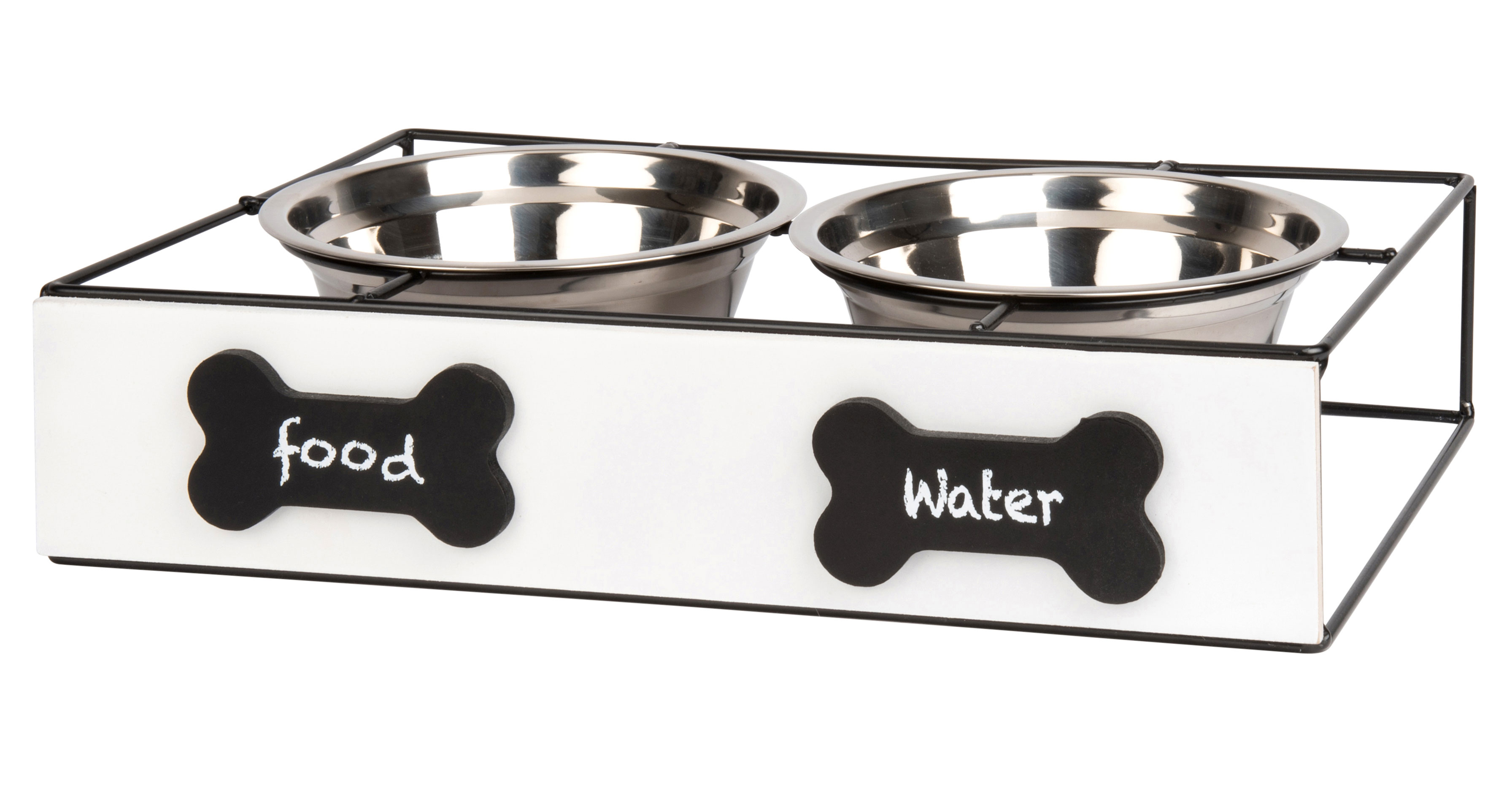 Un comodo supporto in legno di pino bianco e metallo nero per le ciotole in acciaio inox del set Aristo Dog di Maisons du monde che evita che il cane le possa spostare o rovesciare, sporcando il pavimento. L'effetto optical rende il set elegante e facile da ambientare. Misura L 40,5 x P 25,3 x H 9 cm. Prezzo 21,99 euro. www.maisonsdumonde.com