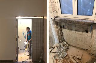 A sinistra, demolizione della muratura per inserire il controtelaio della porta scorrevole interno muro; a destra, il dettaglio sotto finestra A sinistra, demolizione della muratura per inserire il controtelaio della porta scorrevole interno muro; a destra, il dettaglio sotto finestra