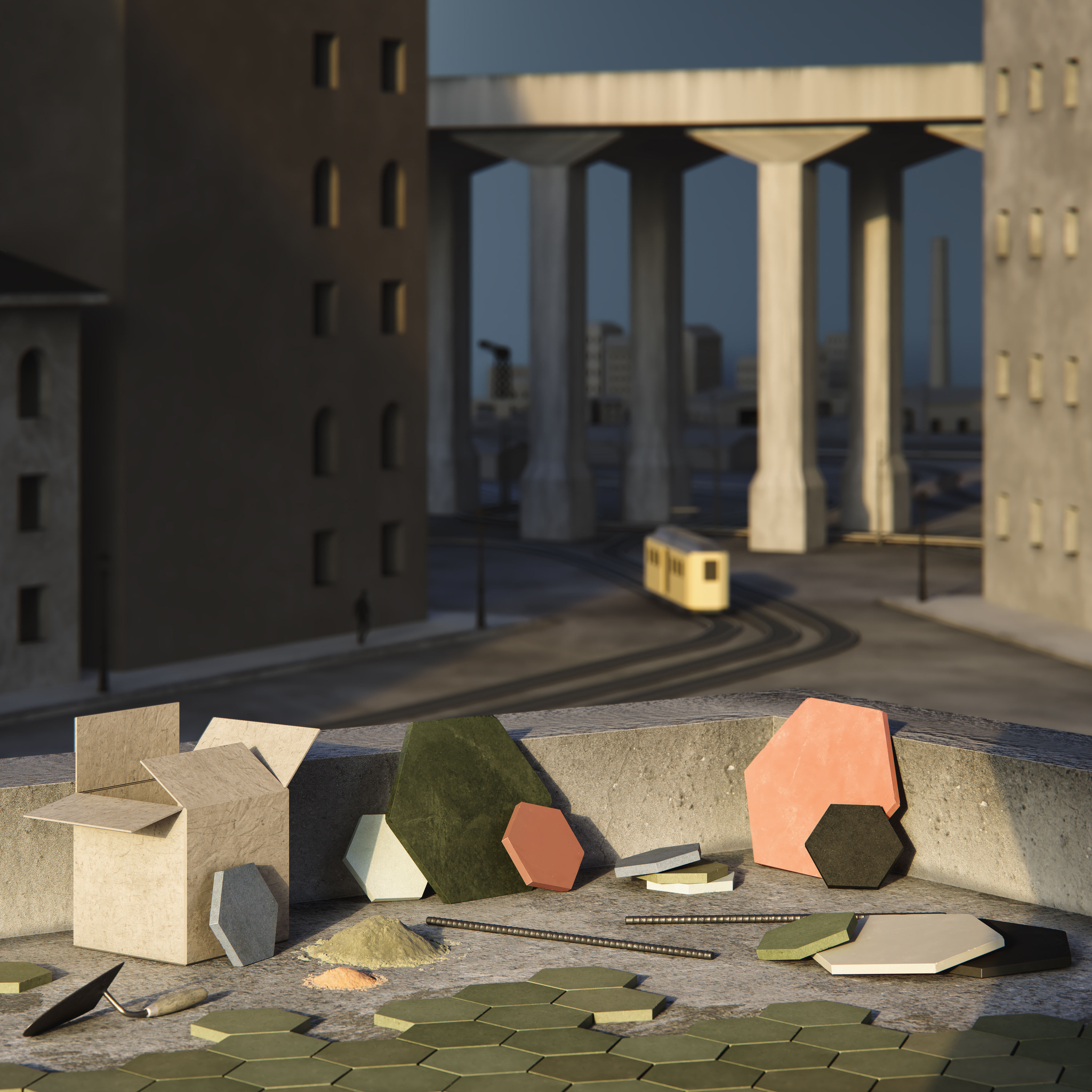 Il progetto Avanguardie di fangoRosa interpreta le suggestioni materiche di sei tipi di rivestimento attraverso altrettante composizioni ispirate alle avanguardie artistiche del Novecento. Così l’opera di Mario Sironi fa da sfondo alle cementine esagonali in diverse tinte – Muschio, Granata, Carbone, Alluminio – e differenti dimensioni (20x23 cm, lato 11,5 cm, e 80x92 cm, lato 46,1 cm), sintesi di tradizione e contemporaneità, artigianalità e innovazione. Prezzo a partire da 111,80 euro/mq. www.fangorosa.com