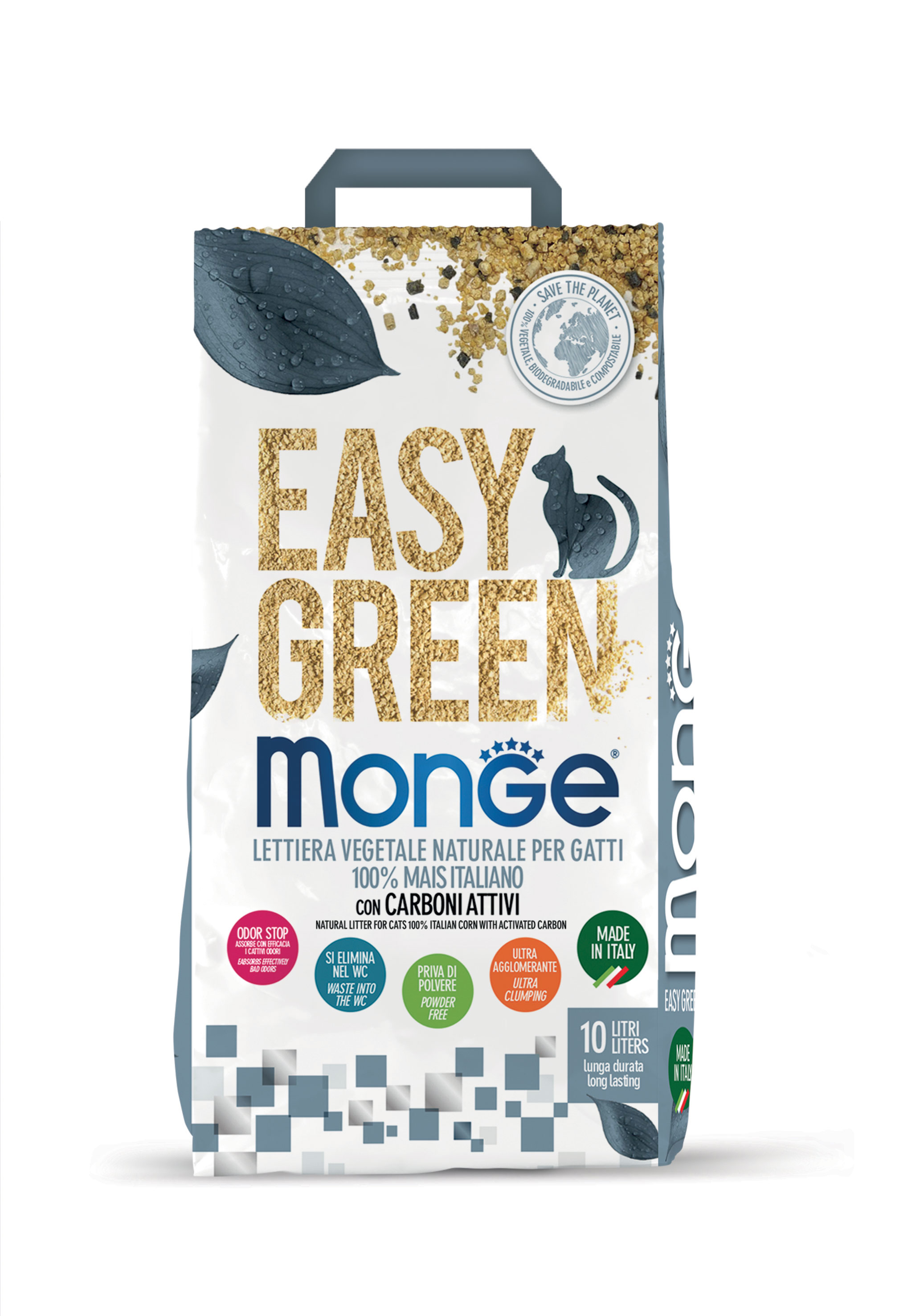 La lettiera Easy Green con carboni attivi di Monge è ecologica e biodegradabile, composta da mais italiano e potenziata con l'aggiunta di carboni attivi vegetali che riducono con maggiore efficacia i cattivi odori. Inoltre è caratterizzato da un alto potere assorbente, è ultra-agglomerante e non rilascia polveri, fatto che la rende adatta anche ai cuccioli. Formato 10 litri. Prezzo indicativo 8,50 euro. www.monge.it