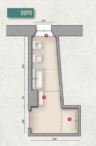 Il layout è invariato e l'arredo è stato sostituito, con pochi dettagli che fanno
la differenza:
1. la doccia in nicchia è chiusa con lastre di cristallo
2. la sporgenza è valorizzata da un pensile a giorno
3. il davanzale interno è pronunciato per diventare piano d'appoggio. Infine le finiture in tinta neutra mascherano le irregolarità