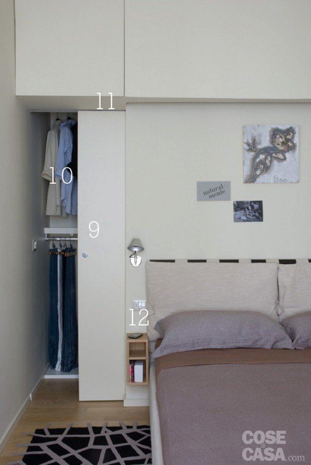 Un dettaglio sulla camera da letto: le due porte laterali scorrono e permettono di accedere alla cabina armadio; una composizione degli spazi che ha permesso di sfruttare al massimo la metratura disponibile. Tutto il progetto dello Studio di Architettura Zerbini-Villani, foto di Cristina Galliena e Guelfa Rugarli. Un dettaglio sulla camera da letto: le due porte laterali scorrono e permettono di accedere alla cabina armadio; una composizione degli spazi che ha permesso di sfruttare al massimo la metratura disponibile. Tutto il progetto dello Studio di Architettura Zerbini-Villani, foto di Cristina Galliena e Guelfa Rugarli.