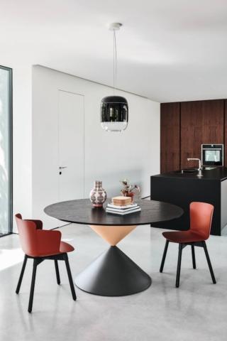 tavolo rotondo piano impiallacciato rovere moro base coni acciaio rosa cipria nero clessidra midj tavolo rotondo piano impiallacciato rovere moro base coni acciaio rosa cipria nero clessidra midj