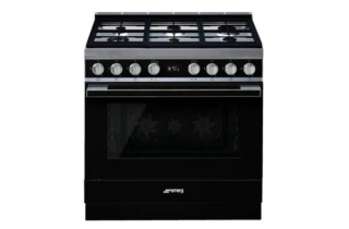 Il blocco cucina Portofino CPF9GPBL di Smeg ha forno pirolitico dotato di sistema a tre ventole che, combinato alla maggiore potenza dei motori, permette di raggiungere eccellenti performance di cottura, e piano cottura con 6 bruciatori a gas. Verniciato color nero, ha griglie in ghisa e manopole in acciaio. Misura L 90 x P 60 x H 90 cm. Prezzo 2.649 euro. www.smeg.it