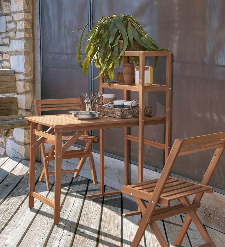 Set tavolino con 2 sedie da balcone salvaspazio in legno Melzo