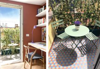 Home office dentro/fuori
Ecco un mini terrazzo di pochissimi metri, collegato a uno studio sempre di dimensione ridottissima, ma che grazie a un progetto molto studiato con un perfetto equilibrio tra l’arredo e  i colori risulta molto piacevole.
L’idea: il pavimento in piastrelle piccolissime, quasi un mosaico ma di forma esagonale, di sapore retro,  fa sembrare più grande lo spazio. E gli arredi da bistrot in ferro, piccoli e pieghevoli, che possono stare fuori tutto l’anno, sono una soluzione pratica ed esteticamente valida. Niente piante, per problemi di spazio, ma un rampicante di gelsomino che non ruba superficie a terra ma aggiunge una sensazione di verde. Home office dentro/fuori
Ecco un mini terrazzo di pochissimi metri, collegato a uno studio sempre di dimensione ridottissima, ma che grazie a un progetto molto studiato con un perfetto equilibrio tra l’arredo e  i colori risulta molto piacevole.
L’idea: il pavimento in piastrelle piccolissime, quasi un mosaico ma di forma esagonale, di sapore retro,  fa sembrare più grande lo spazio. E gli arredi da bistrot in ferro, piccoli e pieghevoli, che possono stare fuori tutto l’anno, sono una soluzione pratica ed esteticamente valida. Niente piante, per problemi di spazio, ma un rampicante di gelsomino che non ruba superficie a terra ma aggiunge una sensazione di verde.