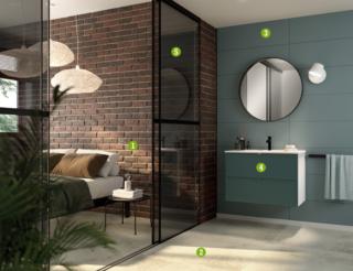 1. Rivestimento decorativo in cemento Chester Brique,
6,5 x 21,5 cm, sp. 15 mm, adatto per interno ed esterno,  ref. 83684135, al mq 22,90 euro
2. Piastrella Argento, 90 x 90 cm, sp. 10 mm, PEI 4/5 , ref. 36260686, al mq 29,90 euro
3. Piastrella per rivestimenti Interni, 30 x 90 cm, sp. 10 mm, ref. 82487519,
al mq 24,90 euro
4. Mobile bagno Quadra bianco-mirto, L 79,5 cm, ref. 82578827, 399 euro
5. Porta scorrevole su misura modello Hollywood, prezzo su preventivo.