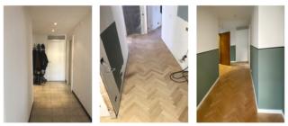 PRIMA: il pavimento in paistrella, parquet posato prima della lamatura, parquet posato e lamato. PRIMA: il pavimento in paistrella, parquet posato prima della lamatura, parquet posato e lamato.