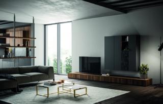 Kali, composizione living Pet maximatt opaco lavagna, laminato noce America e Unicolor laminato pietra nera.