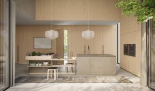 La nuova cucina Irori di Zampieri cucine, design Stefano Cavazzana, si sviluppa attraverso una serie di blocchi operativi destrutturati che consentono infinite composizioni. Il blocco cottura e quello lavello hanno le ante e il top in Inalco Jasper Moka; la consolle ha la struttura in tubolare metallico verniciato titanio satinato e il top in Rovere Ossidato Naturale, le colonne invece sono in Rovere Strip Ossidato naturale. Le ante sono caratterizzate da un design rigoroso sottolineato dalla presenza della gola o di una maniglia personalizzata. www.zampiericucine.it Fuorisalone, Flagship Store Molino 48, via molino delle Armi 48, Milano