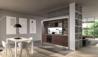 L'innovativo sistema Phantastic The Kitchen di Aran Cucine è composto da una serie di colonne con ante laccato opaco Tortora dietro cui trova posto la cucina, lineare e estremamente funzionale,  con le ante in Fenix NTM Rosso Jaipur e lo schienale retroilluminato Magnetolab. È completamente personalizzabile e rappresenta la soluzione ideale sia in un open space sia in un monolocale. Le ante lisce a scomparsa, dal design essenziale, sono disponibili in numerosi colori e finiture, per potersi integrare perfettamente nell'ambiente; inoltre il sistema di apertura a libro permette di ridurre al minimo gli ingombri. www.arancucine.it  Fuorisalone, Flagship Store Aran Cucine, piazza San Gioachimo 2N, Milano
