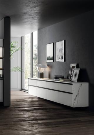 Kalì, composizione living in Pet maxxximatt opaco bianco e titanio.