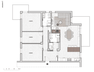 Con cucina vicino all'ingresso e soggiorno all'altra estremità della zona giorno Con cucina vicino all'ingresso e soggiorno all'altra estremità della zona giorno