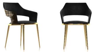 La sedia Shira di Roberto Cavalli Home Interiors ha quattro gambe sottili conificate realizzate in  tubolare di ferro verniciato oro galvanico e la seduta in poliuretano espanso a quote differenziate ad alta densità rivestita in seta Wild Jaguar. Lo schienale è rivestito esternamente in pelle Touch Black e internamente in seta. Misura L 55 x P 61 x H 83 cm. www.jumbogroup.it La sedia Shira di Roberto Cavalli Home Interiors ha quattro gambe sottili conificate realizzate in  tubolare di ferro verniciato oro galvanico e la seduta in poliuretano espanso a quote differenziate ad alta densità rivestita in seta Wild Jaguar. Lo schienale è rivestito esternamente in pelle Touch Black e internamente in seta. Misura L 55 x P 61 x H 83 cm. www.jumbogroup.it